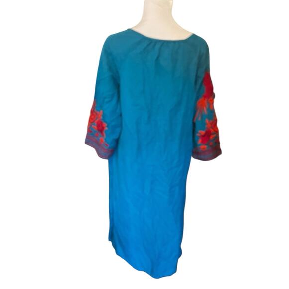 Soft Surroundings Bird Embroidered Midi Dress •M• Aztec Boho Kaftan Tassel Teal - Picture 5 of 13